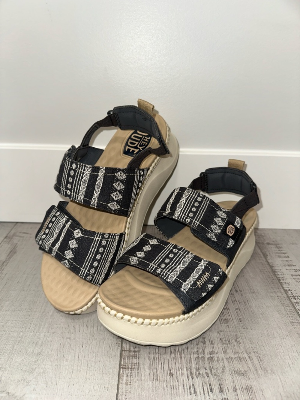Hey Dude Black Patterned Strap Sandals with Tan Footbed